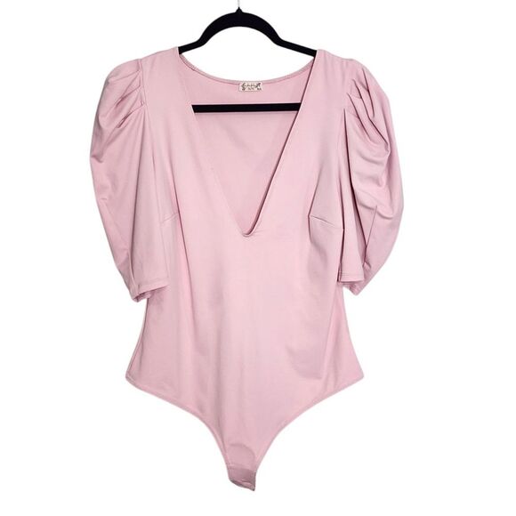 Free People Va Va Voop Bodysuit Pink Puff Sleeve Coquette Ballerina Feminine L - Picture 1 of 6